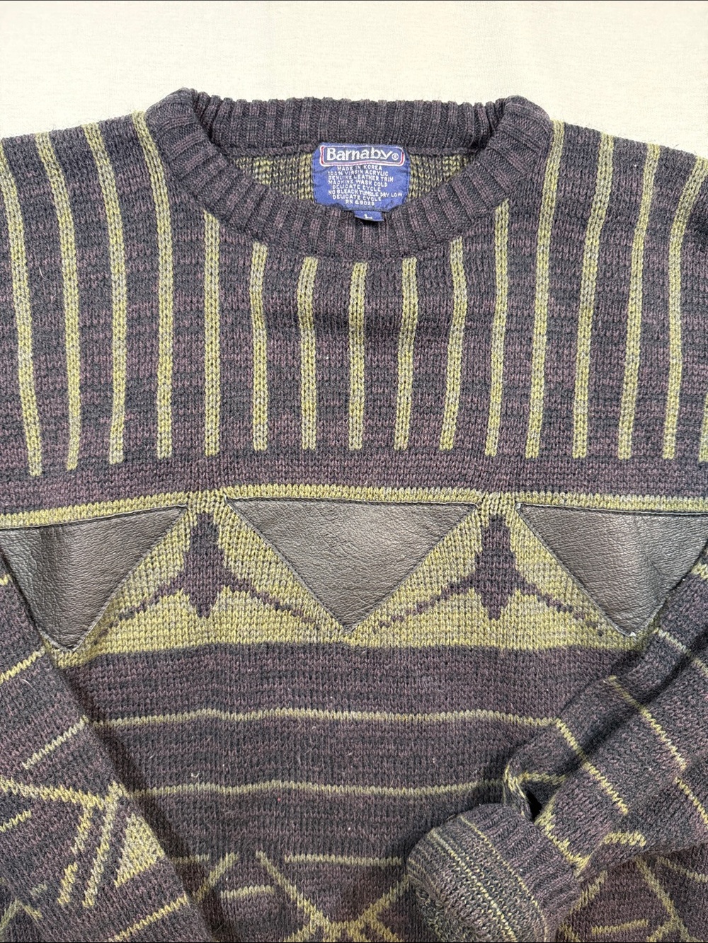 Barnaby Rare Vintage 90s Geometric Knit Sweater Leather Trim Navy Olive L